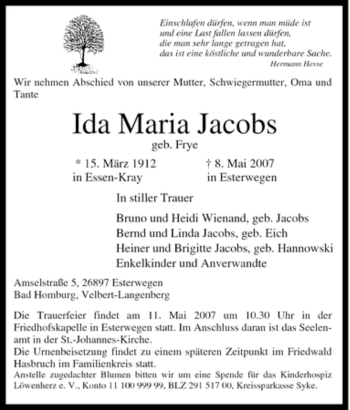 Traueranzeige von Ida Maria Jacobs von Tageszeitung