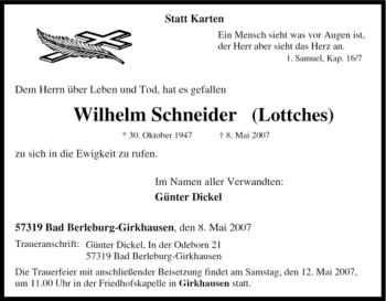 Traueranzeige von Wilhelm Schneider von Tageszeitung
