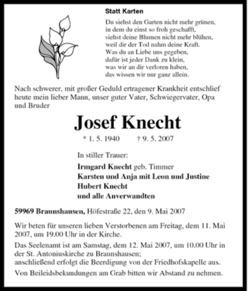Traueranzeige von Josef Knecht von Tageszeitung