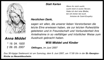Traueranzeige von Anna Middel von Tageszeitung