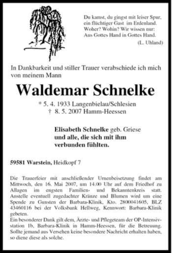 Traueranzeige von Waldemar Schnelke von Tageszeitung
