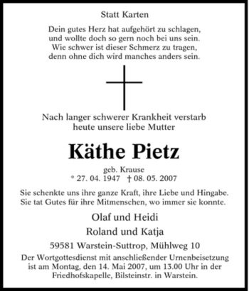 Traueranzeige von Käthe Pietz von Tageszeitung