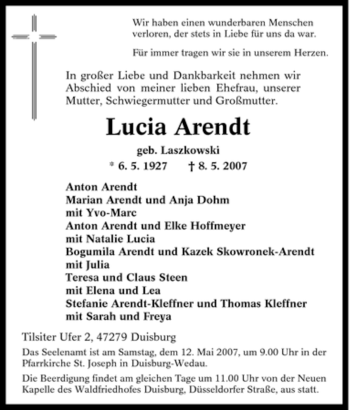 Traueranzeige von Lucia Arendt von Tageszeitung