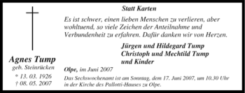 Traueranzeige von Agnes Tump von Tageszeitung