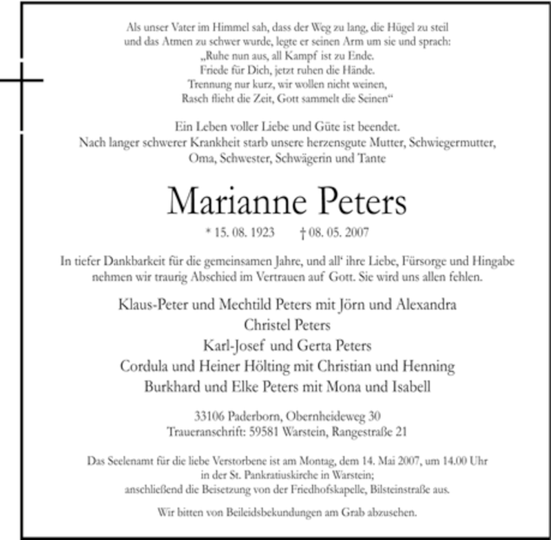  Traueranzeige für Marianne Peters vom 10.05.2007 aus Tageszeitung