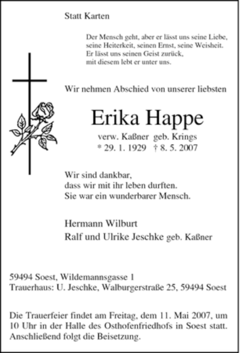 Traueranzeige von Erika Happe von Tageszeitung