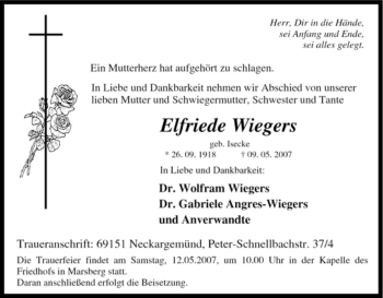 Traueranzeige von Elfriede Wiegers von Tageszeitung