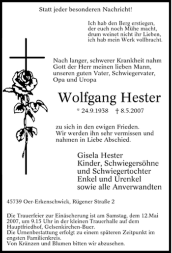 Traueranzeige von Wolfgang Hester von Tageszeitung