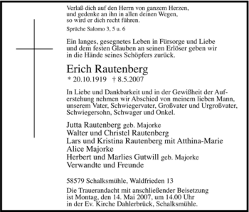 Traueranzeige von Erich Rautenberg von Tageszeitung
