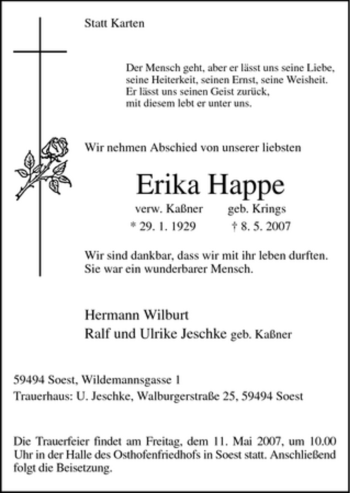 Traueranzeige von Erika Happe von Tageszeitung