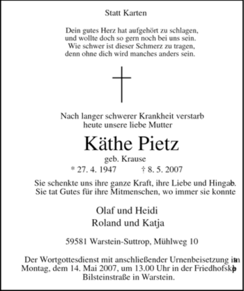 Traueranzeige von Käthe Pietz von Tageszeitung