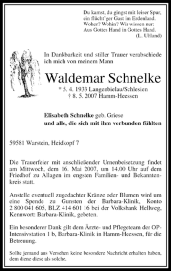 Traueranzeige von Waldemar Schnelke von Tageszeitung