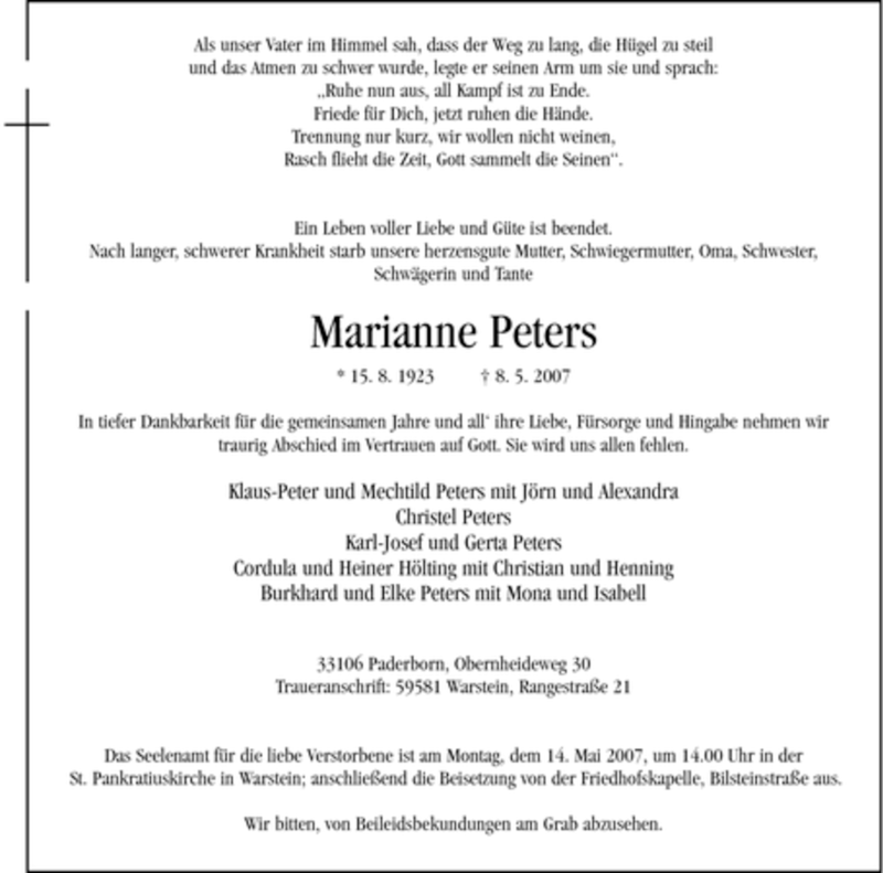  Traueranzeige für Marianne Peters vom 10.05.2007 aus Tageszeitung