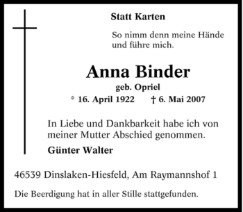 Traueranzeige von Anna Binder von Tageszeitung