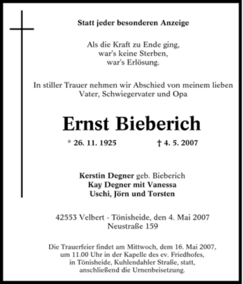 Traueranzeige von Ernst Bieberich von Tageszeitung