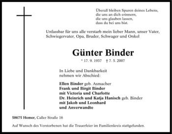 Traueranzeige von Günter Binder von Tageszeitung