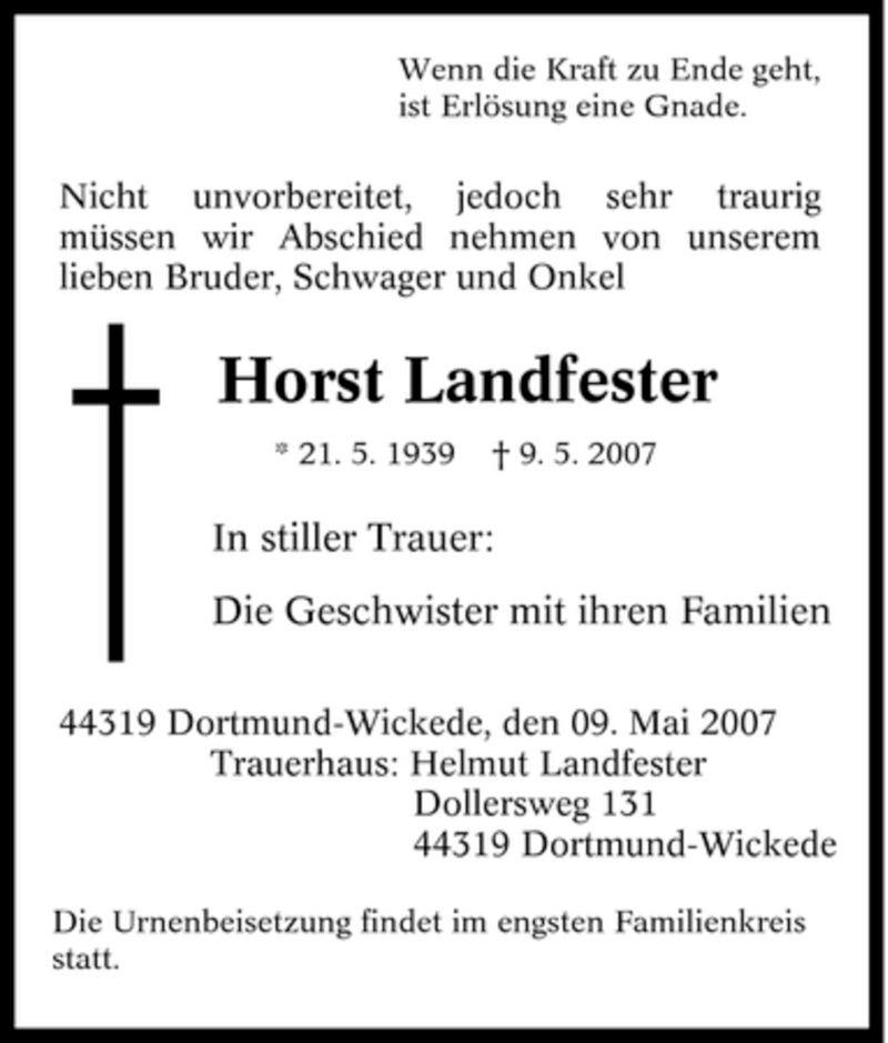  Traueranzeige für Horst Landfester vom 11.05.2007 aus Tageszeitung