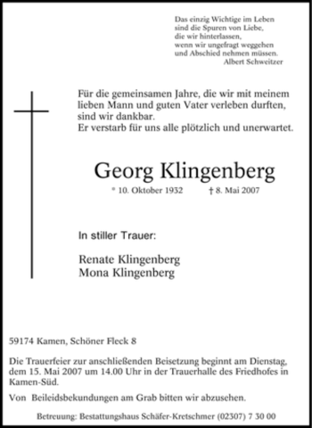 Traueranzeige von Georg Klingenberg von Tageszeitung