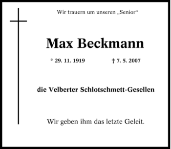 Traueranzeige von Max Beckmann von Tageszeitung