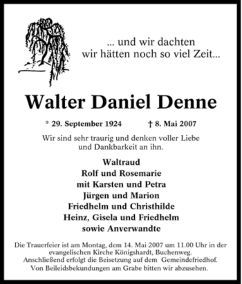 Traueranzeige von Walter Daniel Denne von Tageszeitung