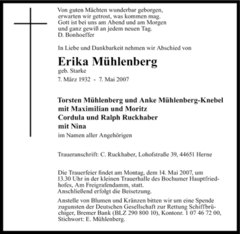 Traueranzeige von Erika Mühlenberg von Tageszeitung
