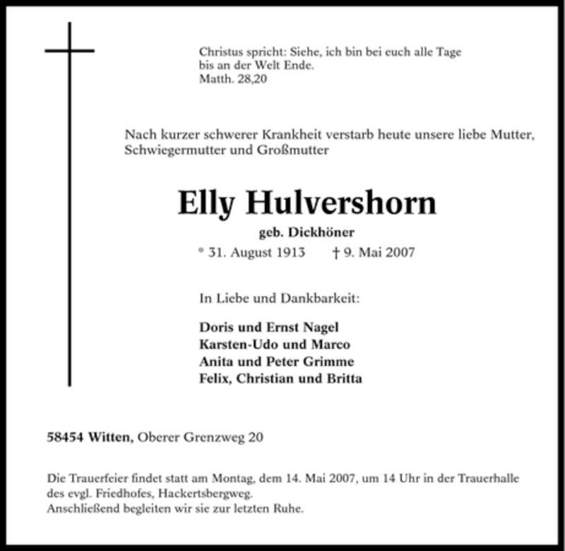  Traueranzeige für Elly Hulvershorn vom 11.05.2007 aus Tageszeitung