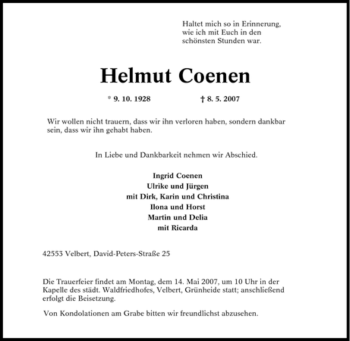 Traueranzeige von Helmut Coenen von Tageszeitung