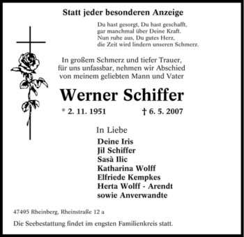 Traueranzeige von Werner Schiffer von Tageszeitung