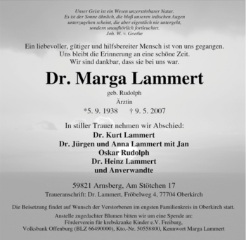 Traueranzeige von Marga Lammert von Tageszeitung
