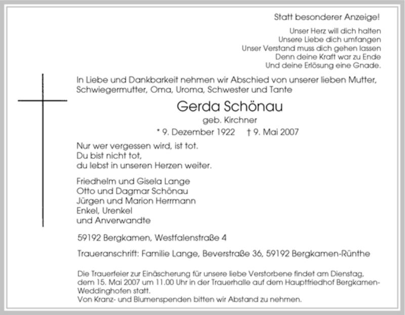  Traueranzeige für Gerda Schönau vom 11.05.2007 aus Tageszeitung