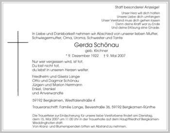 Traueranzeige von Gerda Schönau von Tageszeitung