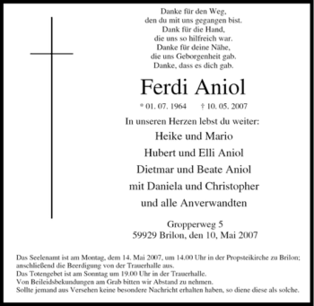 Traueranzeige von Ferdi Aniol von Tageszeitung