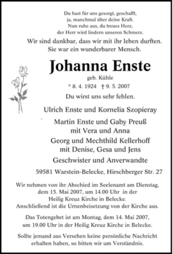 Traueranzeige von Johanna Enste von Tageszeitung