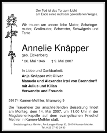 Traueranzeige von Annelie Knäpper von Tageszeitung