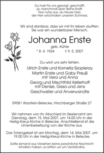 Traueranzeige von Johanna Enste von Tageszeitung