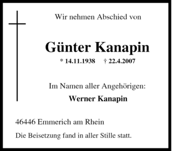 Traueranzeige von Günter Kanapin von Tageszeitung