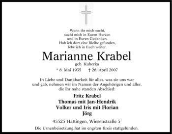 Traueranzeige von Marianne Krabel von Tageszeitung