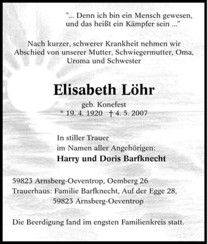 Traueranzeige für Elisabeth Löhr vom 12.05.2007 aus Tageszeitung
