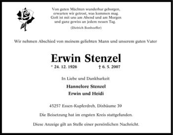 Traueranzeige von Erwin Stenzel von Tageszeitung