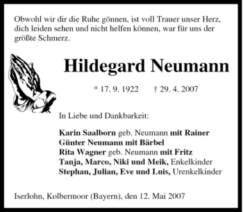 Traueranzeige von Hildegard Neumann von Tageszeitung