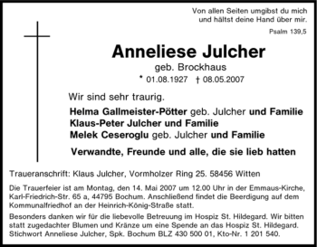 Traueranzeige von Anneliese Julcher von Tageszeitung