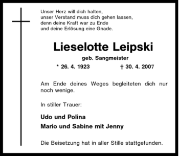 Traueranzeige von Lieselotte Leipski von Tageszeitung