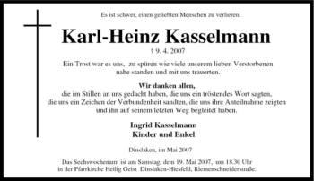 Traueranzeige von Karl-Heinz Kasselmann von Tageszeitung