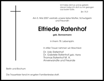 Traueranzeige von Elfriede Ratenhof von Tageszeitung
