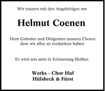 Traueranzeige von Helmut Coenen von Tageszeitung
