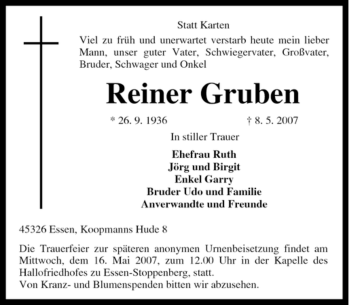 Traueranzeige von Reiner Gruben von Tageszeitung