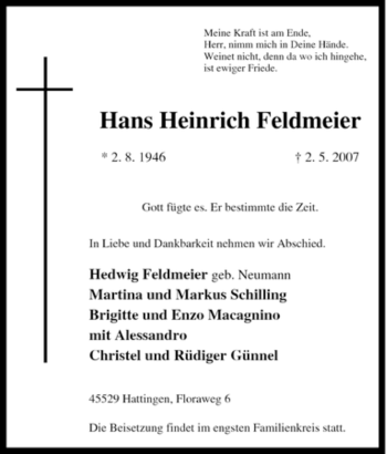 Traueranzeige von Hans Heinrich Feldmeier von Tageszeitung