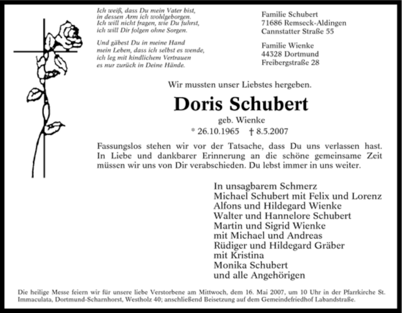 Traueranzeige für Doris Schubert vom 12.05.2007 aus Tageszeitung