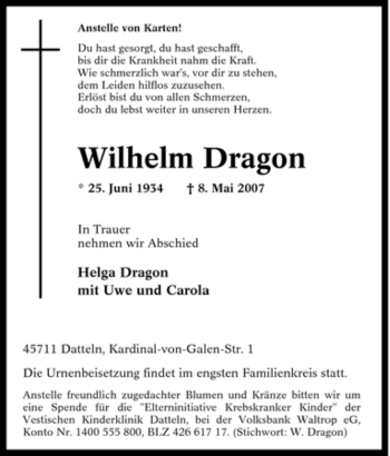 Traueranzeige von Wilhelm Dragon von Tageszeitung