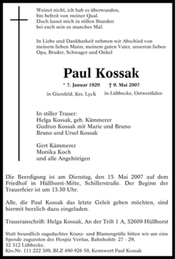Traueranzeige von Paul Kossak von Tageszeitung